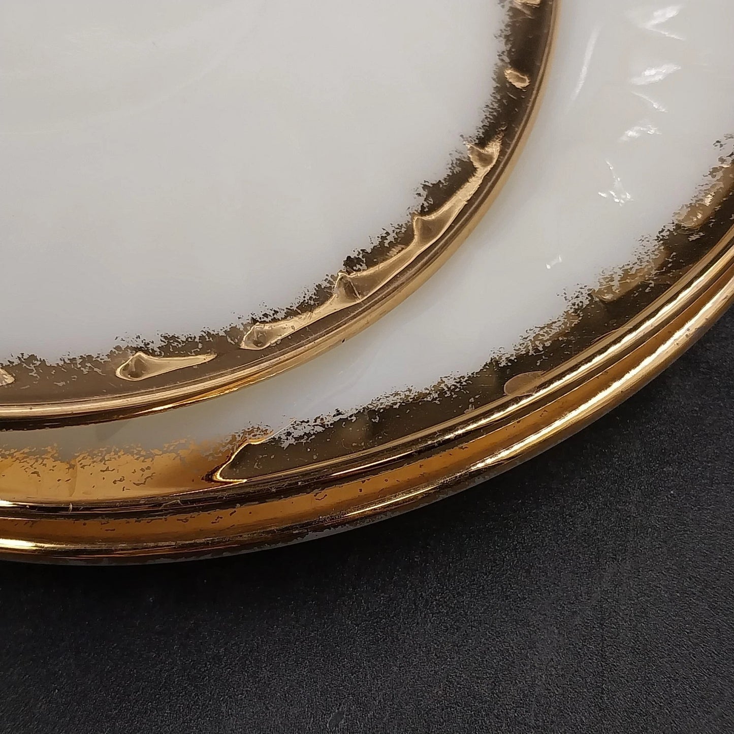 4 Fire-King Anchor Hocking White Swirl Milk Glass Salad Plates Gold Trim USA Vtg