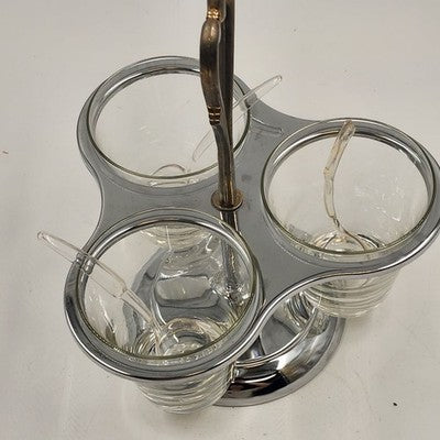Kromex Condiment Carousel Caddy 3 Glass Ramekins & Spoons Rotating Chrome 11"h