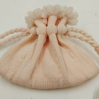 Cream Pink Textured Fabric Tulle Cosmetic Jewelry Drawstring Purse Pouch Bag