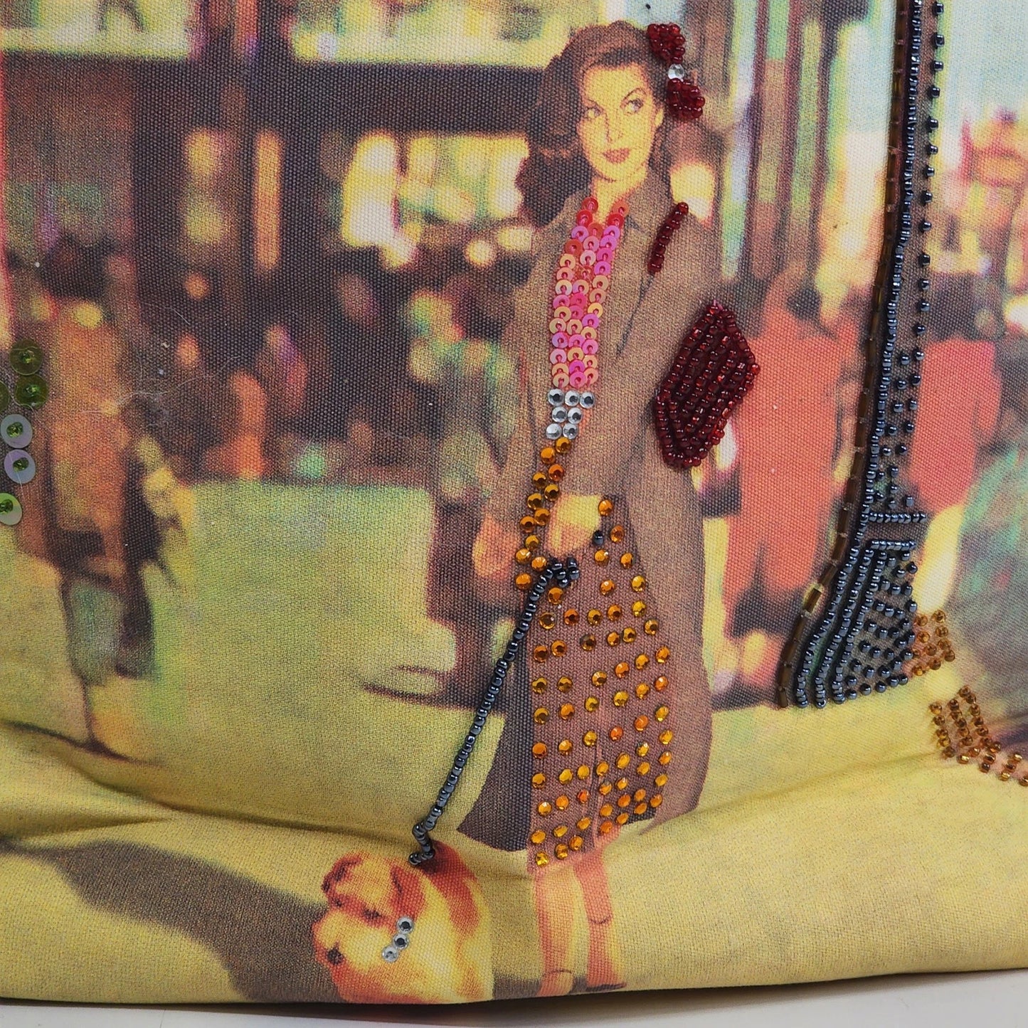 Artisan Canvas and Leather Tote Bag Lady on Boardwalk Graphic Art Purse Unique