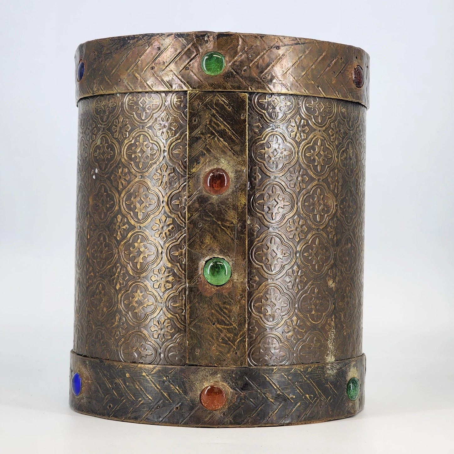 Hammered Brass Over Wood Cylinder Container Medieval Design 8.5"d x 10.25"h