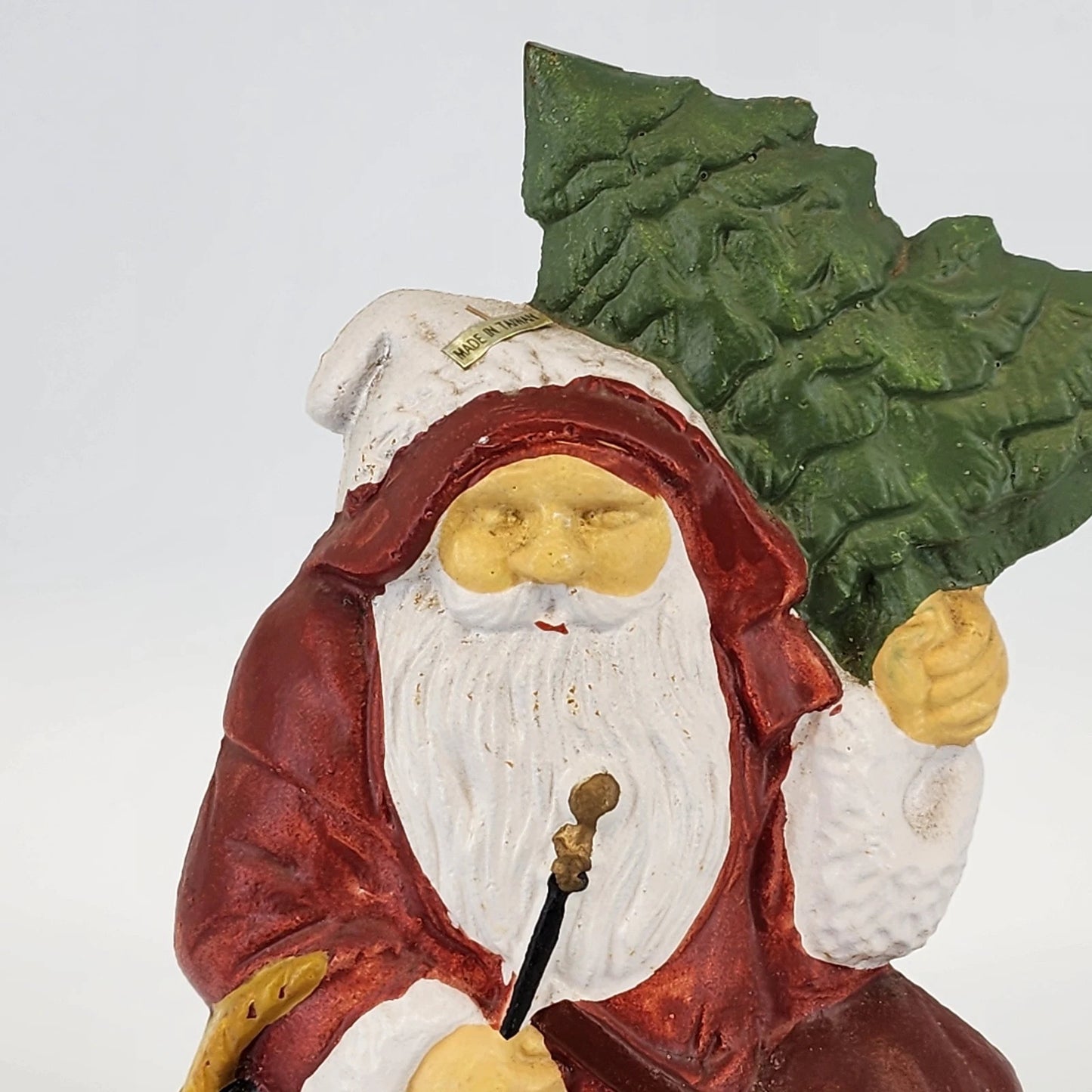 Cast Iron Santa Claus Doorstop Holding Christmas Tree & Staff Heavy 10" Vintage