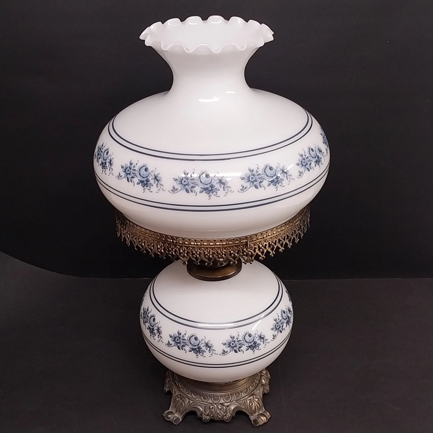 White Blue Floral Milk Glass Hurricane Lamp 22.5" 3-Way Light & Night Light Vtg