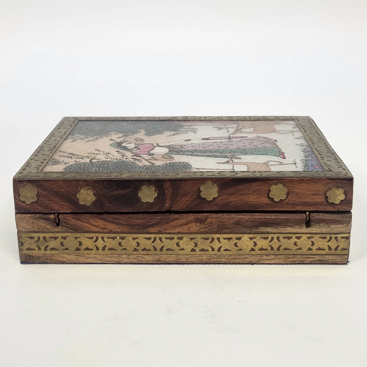 Wood Jewelry Trinket Box Painted Woman Deer Brass Inlay Purple Velvet 5.25"