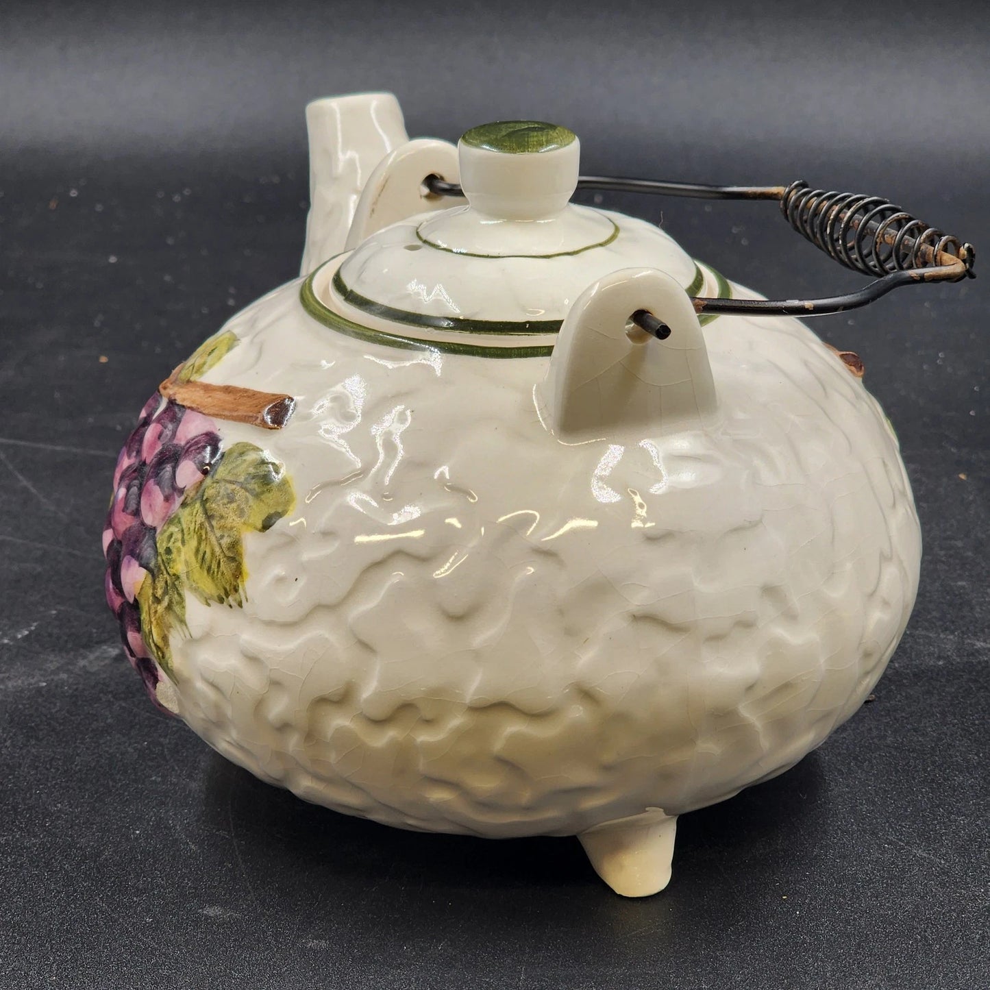 Embassy White Ceramic Teapot 36 Oz Footed with Grapevine Metal Handle 1963 Vtg
