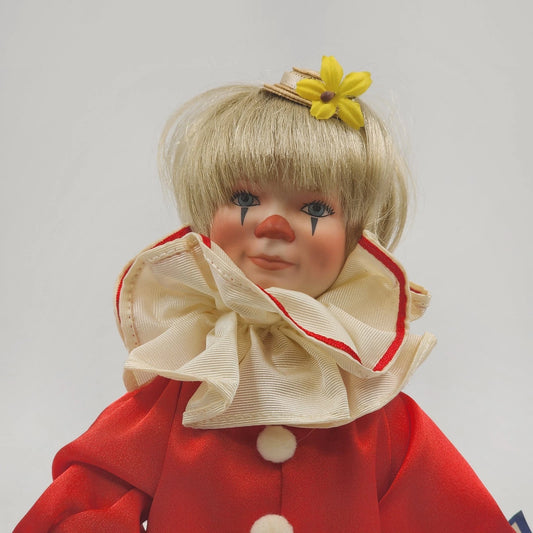 Tommy The Clown 11 Inch Porcelain Doll Blonde Hair with Ceramic Stand