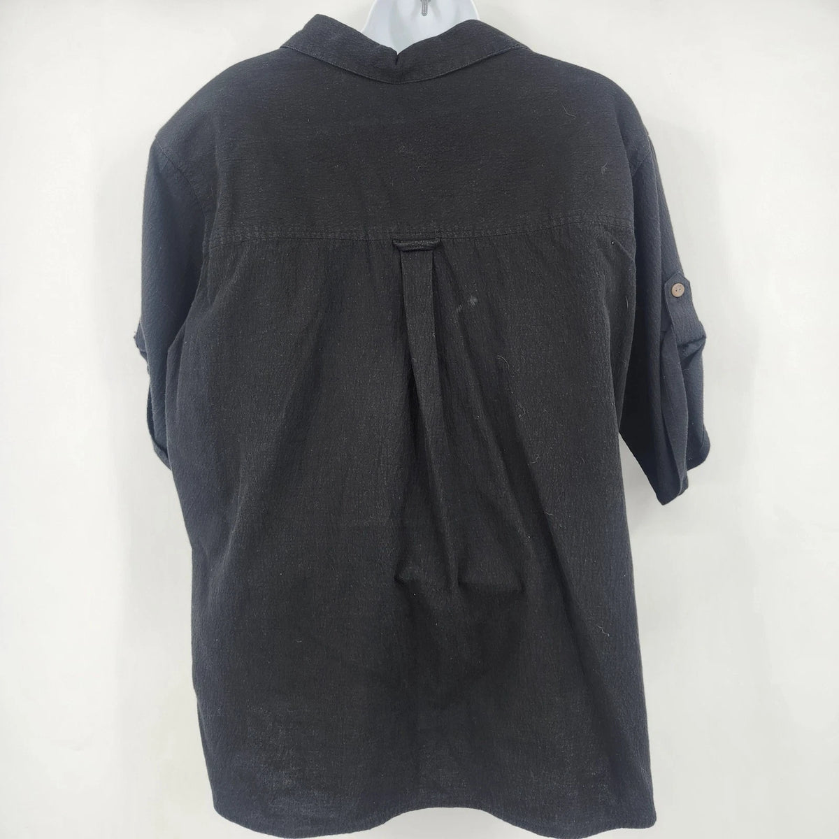 White Stag Women XL 16-18 Black Cotton Stretch Button Front Roll Tab Sleeve Top