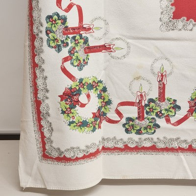 Christmas Holiday Rectangle Tablecloth Wreath Pine Cones Candles Ribbon 62"x48"