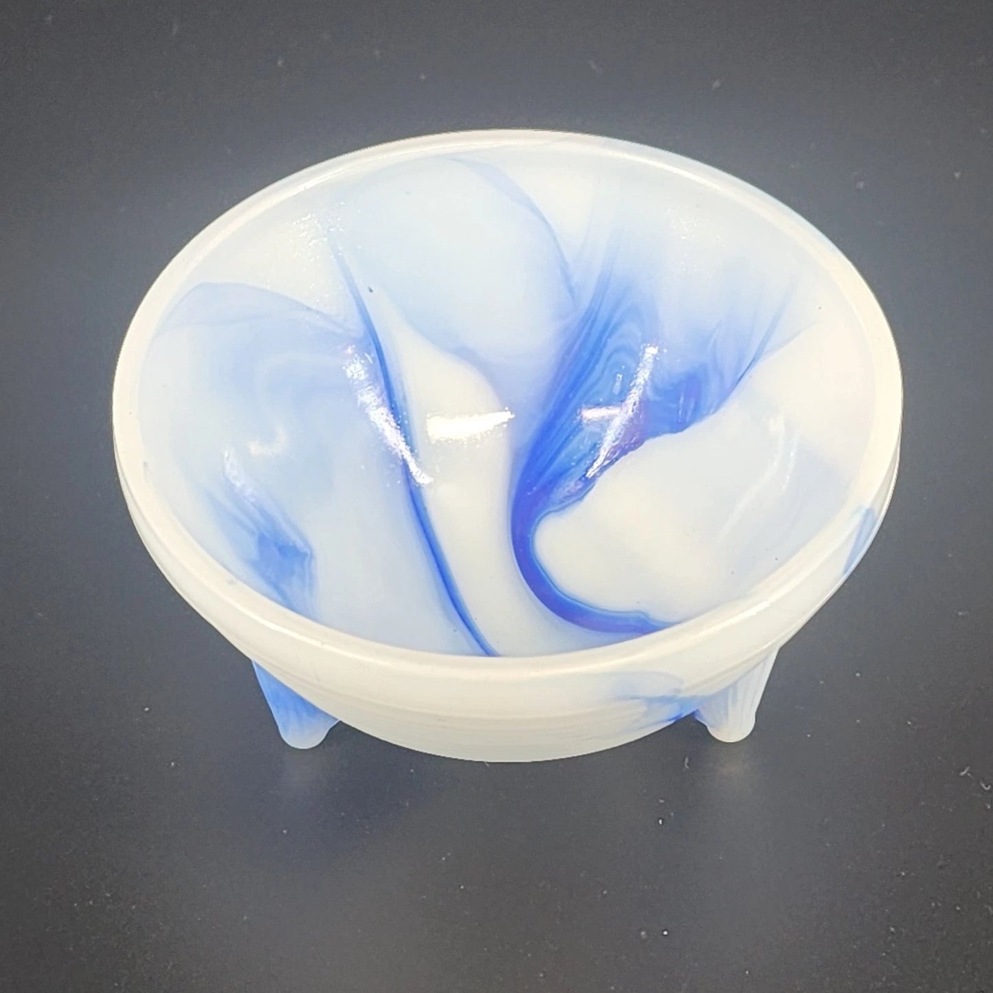 Akro Agate Blue & White Swirl Slag Glass Three Footed Bowl Marbled Cup 3.5" Vtg