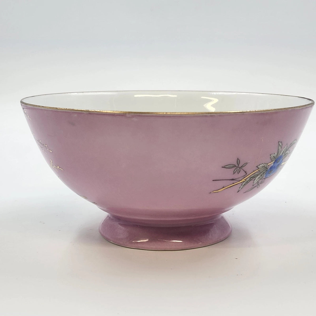 Pink Porcelain Footed Bowl Birds Nest Blue Flowers Gold Trim 6.25" Kitchen