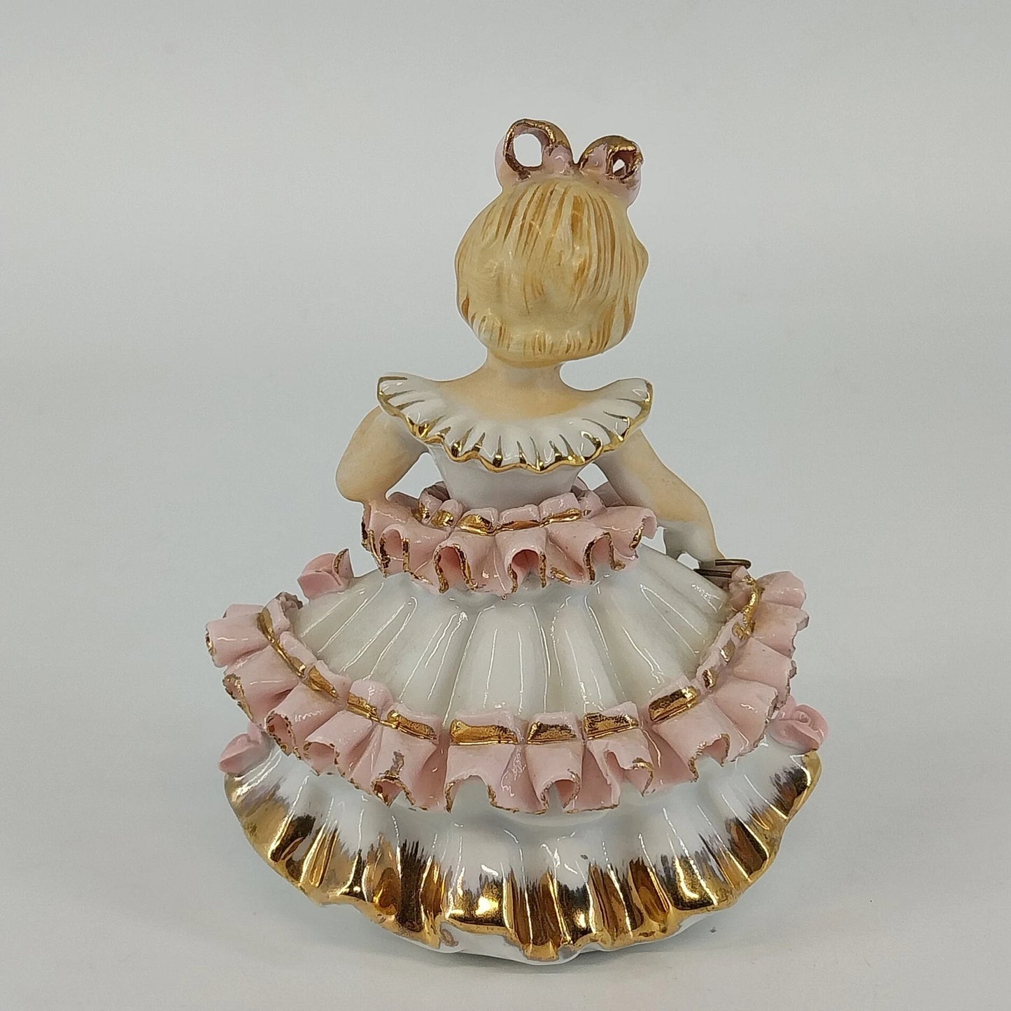 Bloomer Girl Porcelain Figurine Japan White Pink Ruffle Dress with Parasol Top