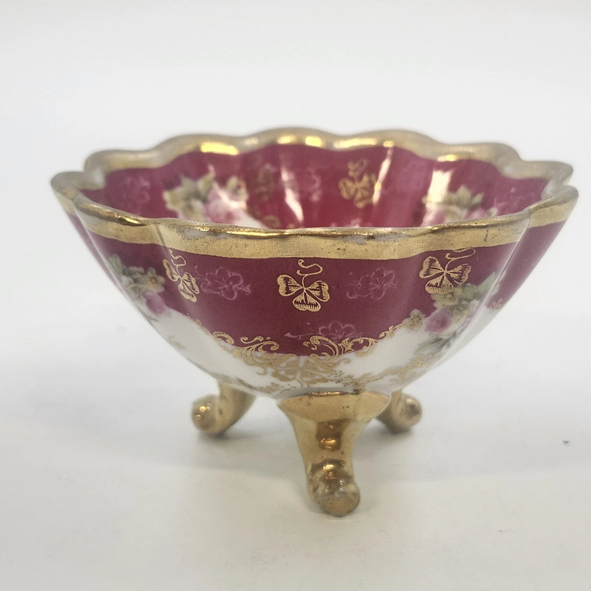 O&EG Royal Austria Porcelain Footed Bowl 3.75" Pink Gold Floral Scalloped Ribbed