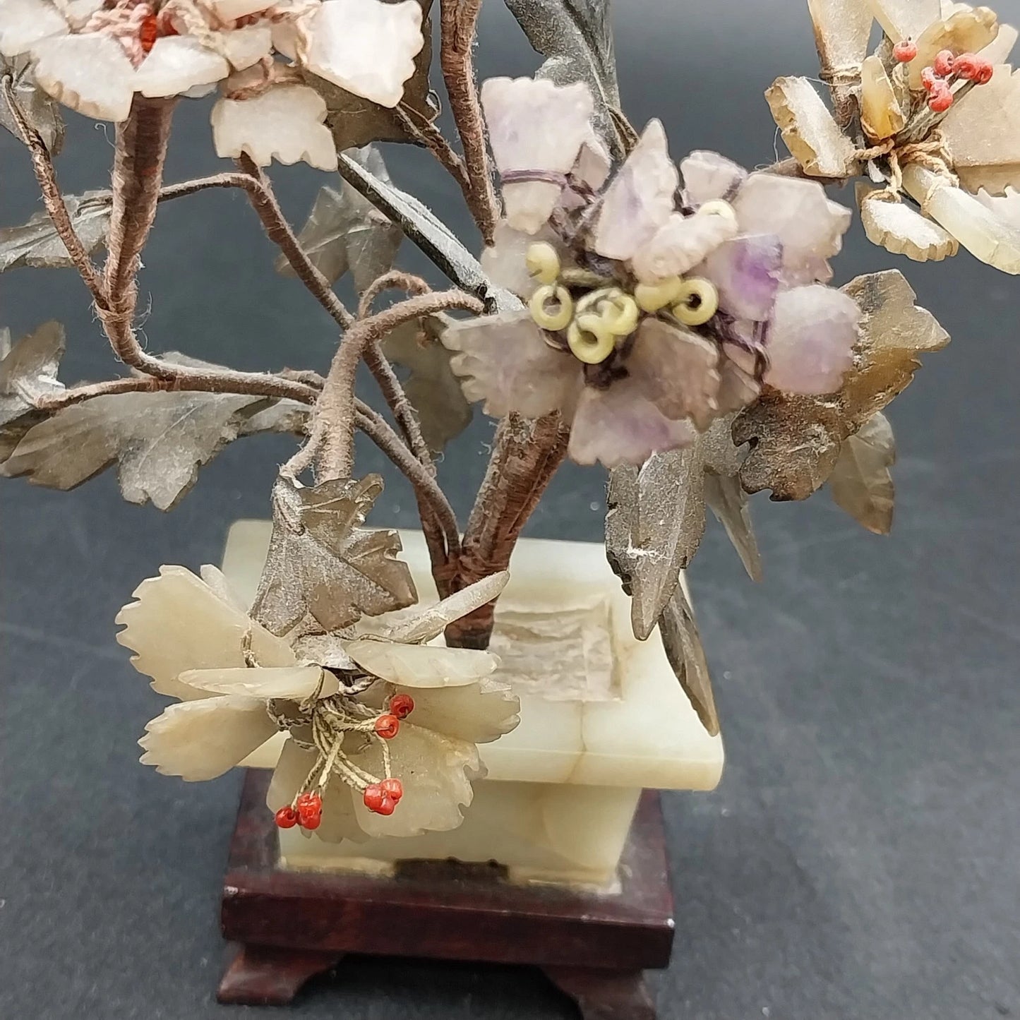 Chinese Jade & Hardstone Bonsai Tree Sculpture 6.5" Faux Marble & Wood Base