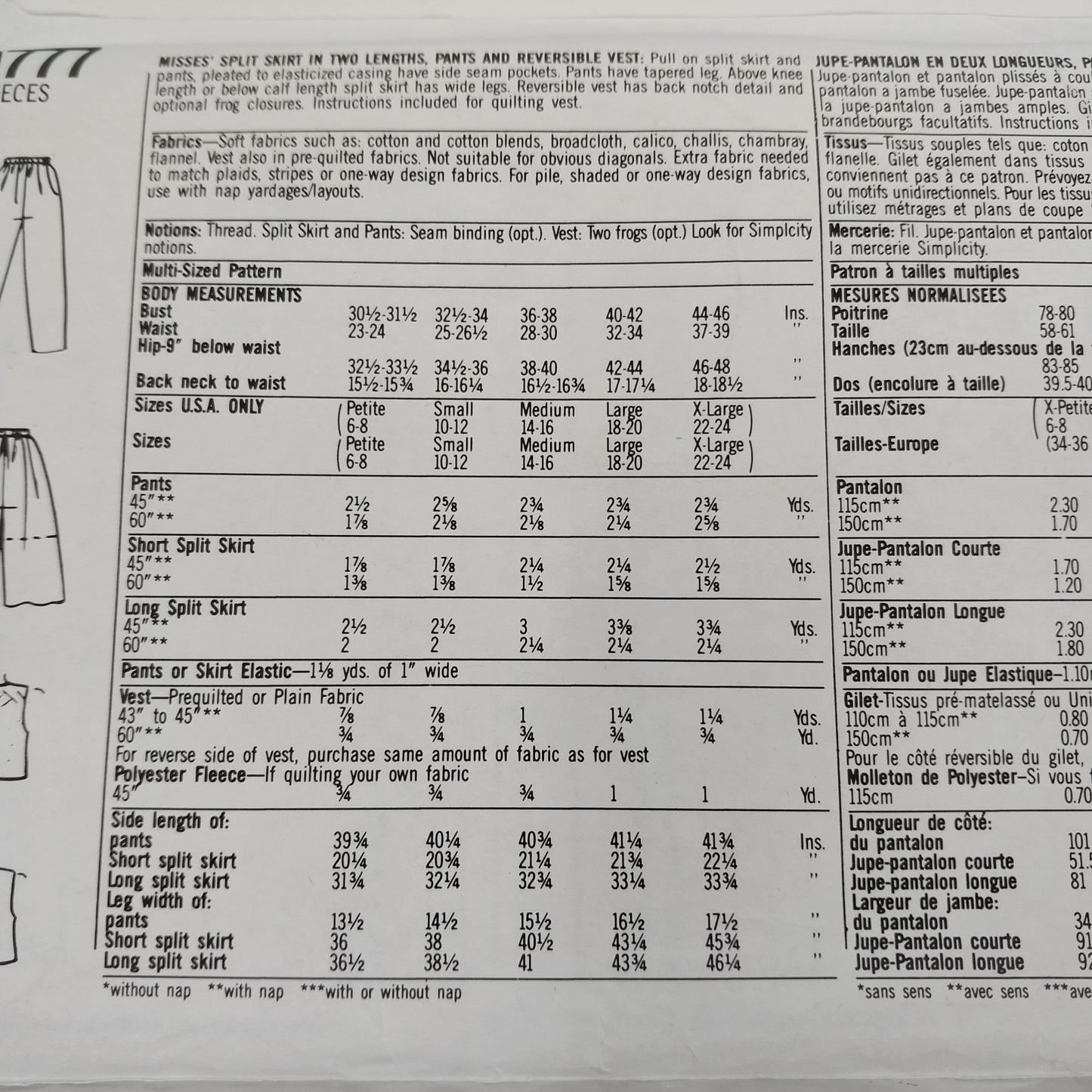 Simplicity 9777 Vtg Sewing Pattern '90s Miss Split Skirt Pants Vest Size A Uncut