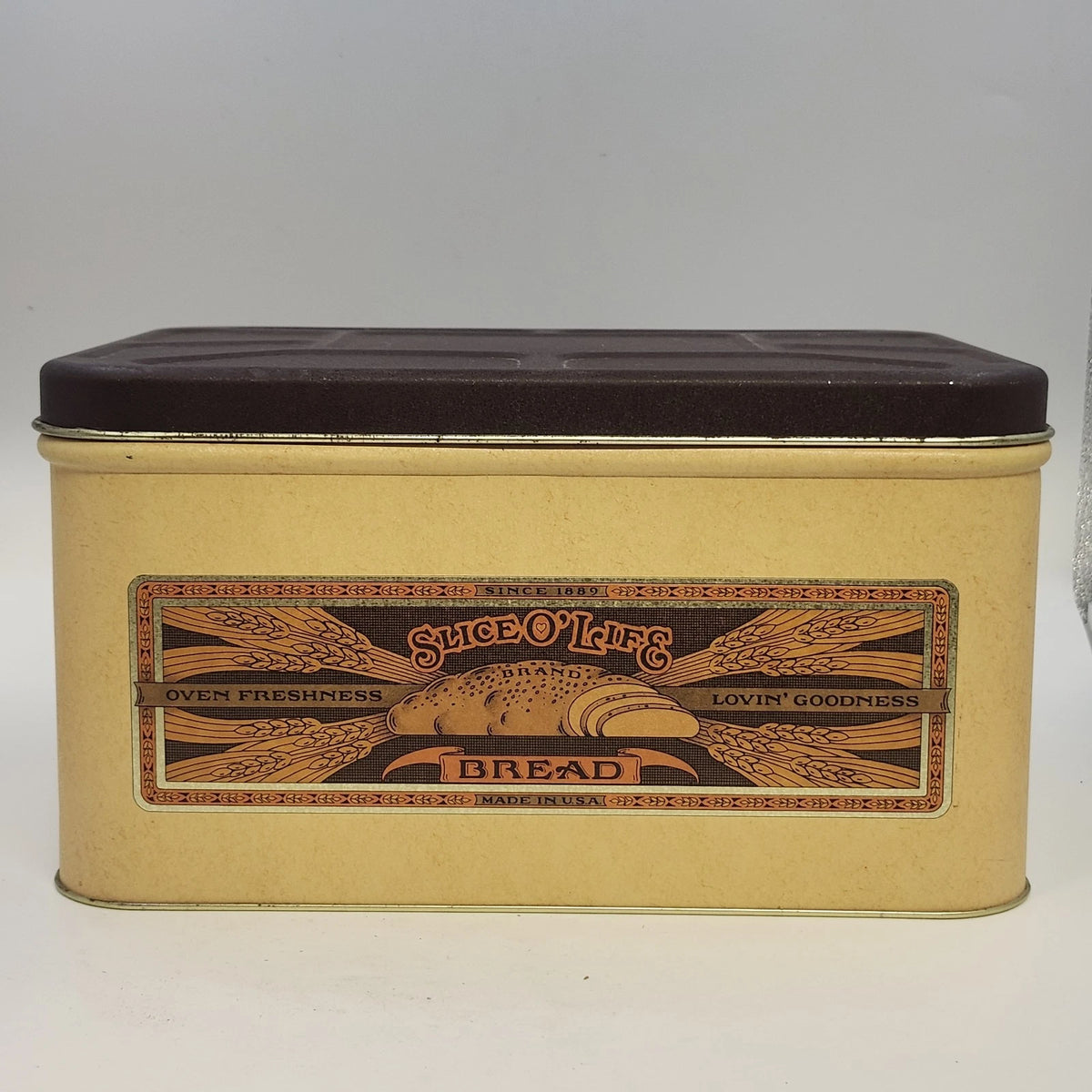 Slice O' Life Bread Empty Box Metal Tin Brown Lid Wheat Design 14" USA Vintage