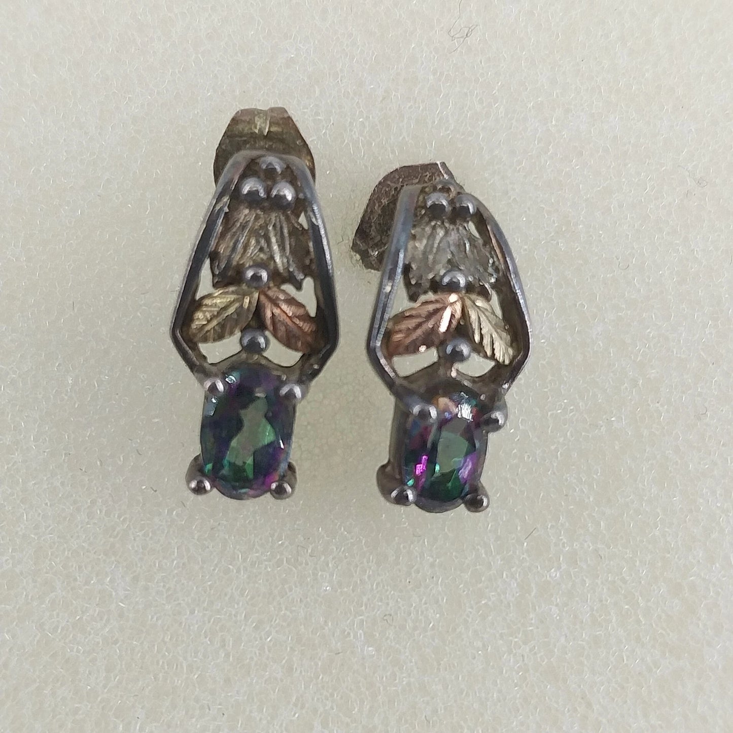 Black Hills Gold Mystic Topaz 12K Leaf Vine Sterling Silver Post Earrings