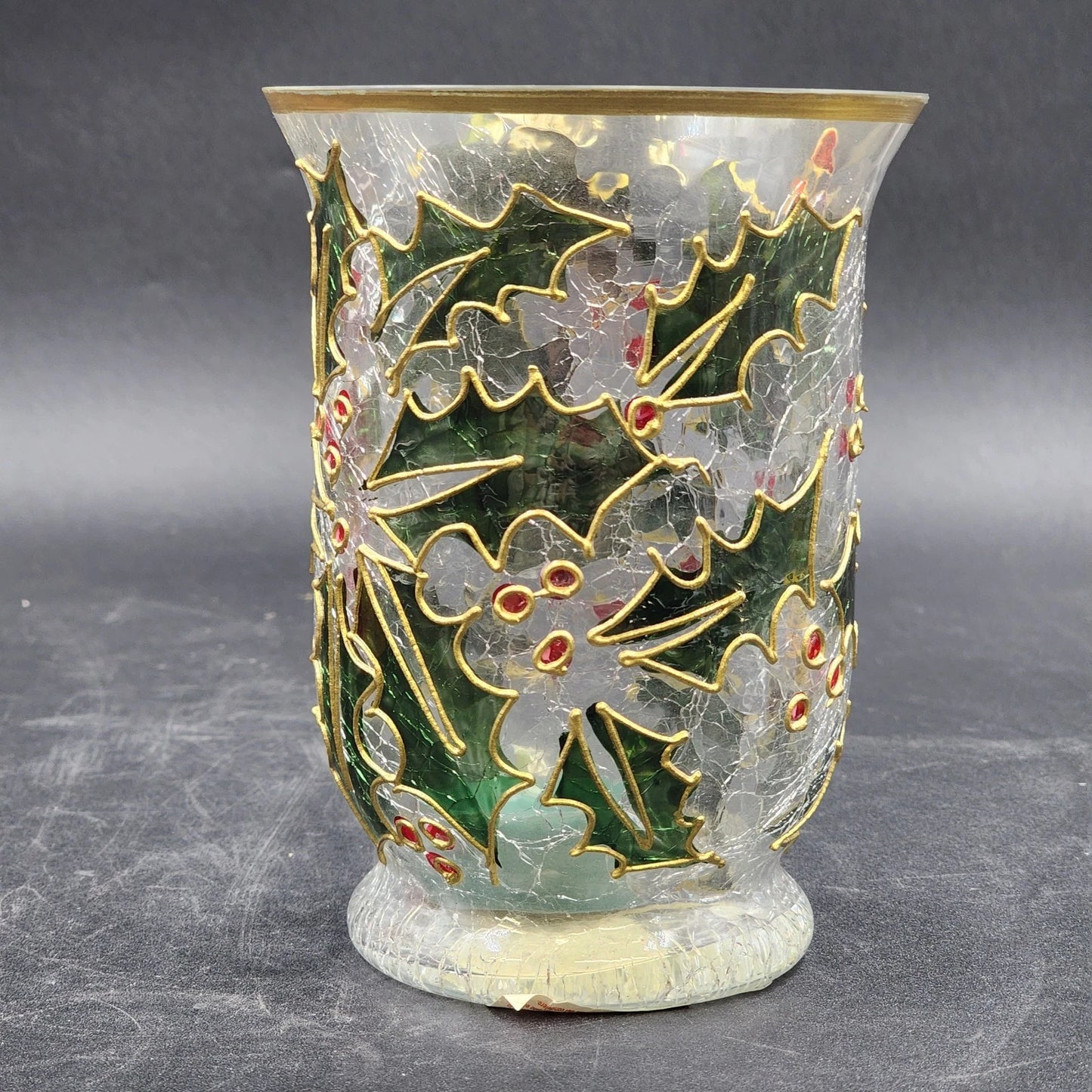 Celebrations Holly Tealight Candle Holder Clear 6" Hand Painted Hurricane Style