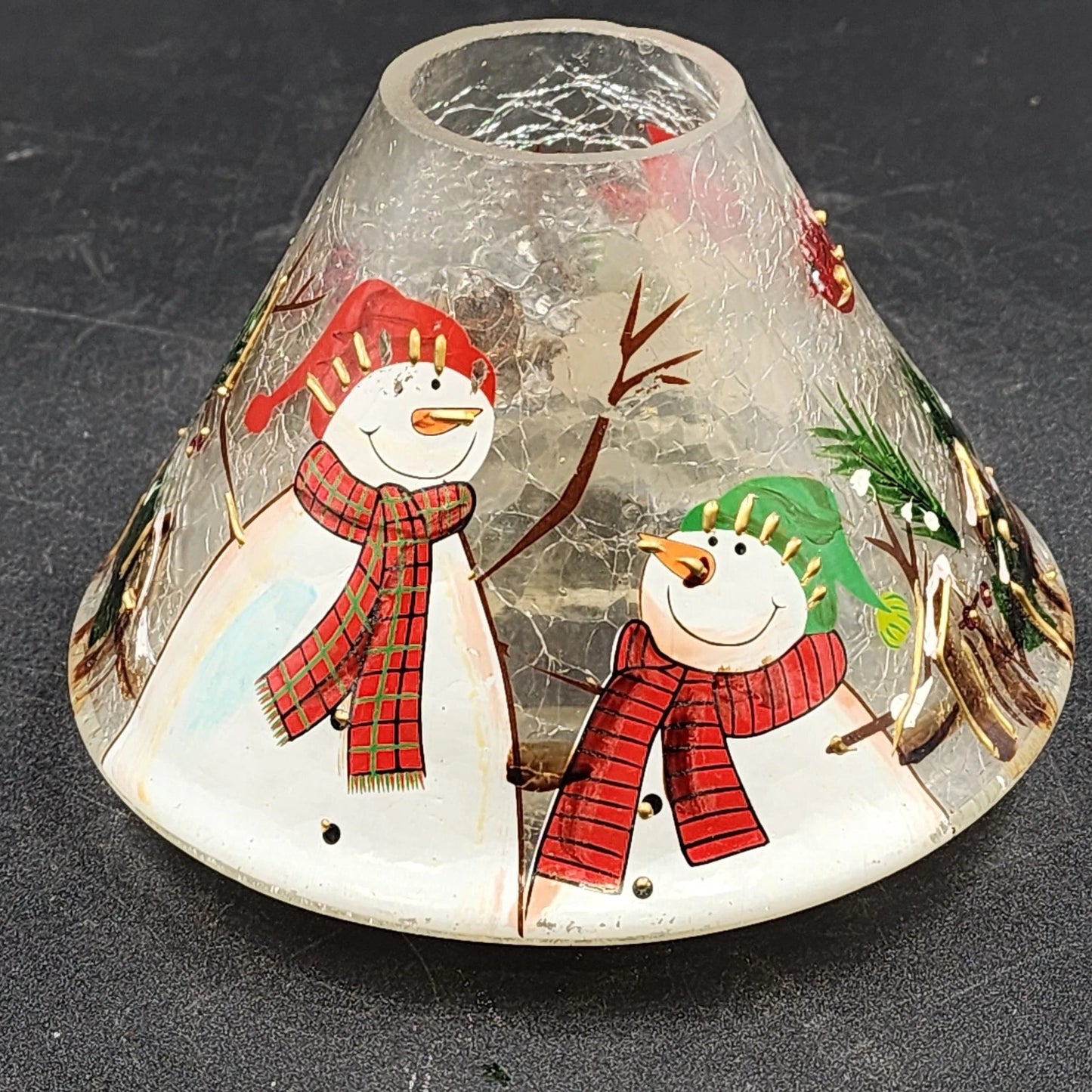 Yankee Candle Large Jar Shade Clear Crackle Glass Snowmen Cardinal Gold Trim