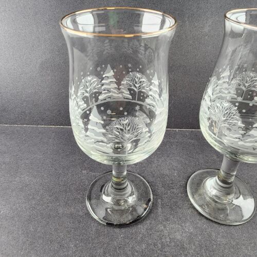 2 Arby's Stemmed Wine Glasses Winter Wonderland Tree Libby's Vintage 3" d x 7" h