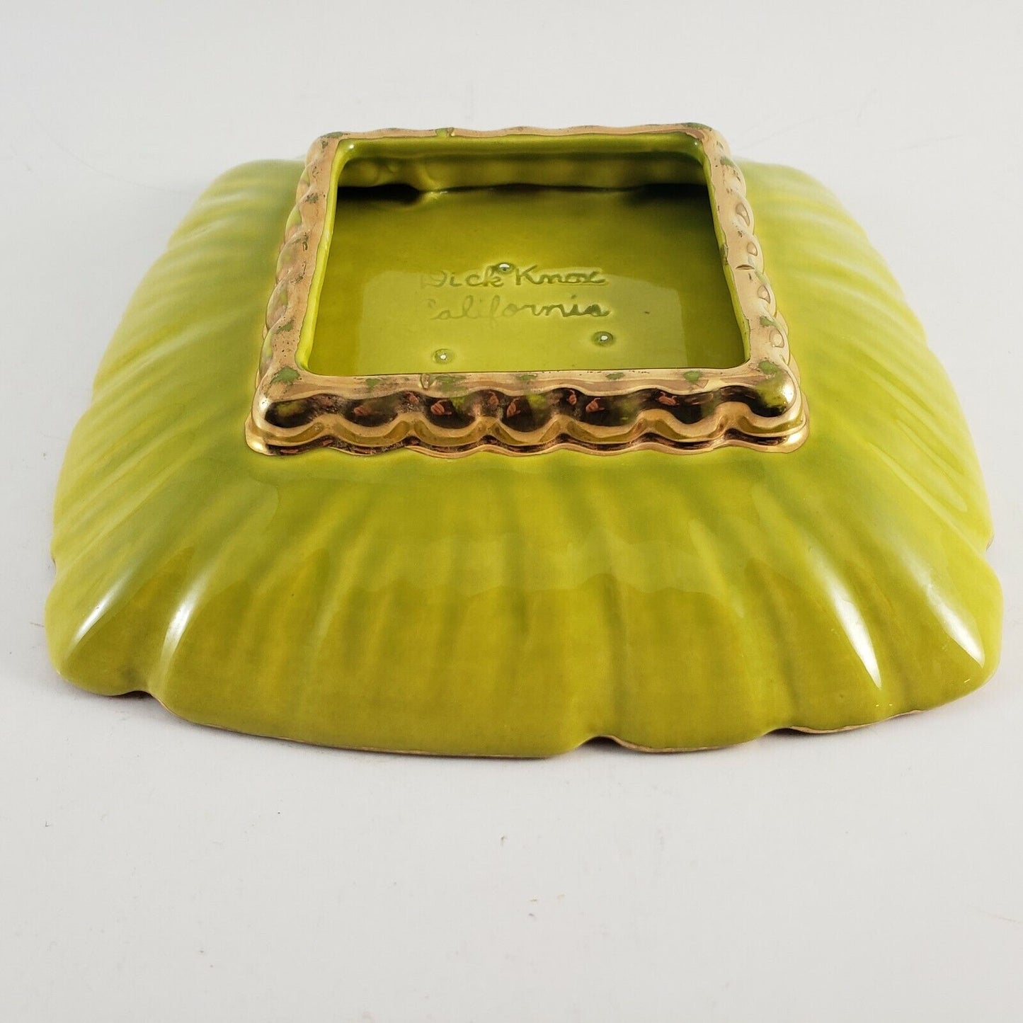 Dick Knox California Art Pottery Footed Ashtray Bowl Lime Green Gold 1940's Rare