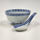 Blue White Chinese Porcelain Bowl & Spoon Set Rice Grain Motif