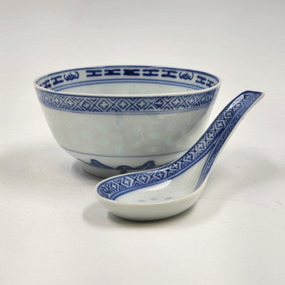 Blue White Chinese Porcelain Bowl & Spoon Set Rice Grain Motif