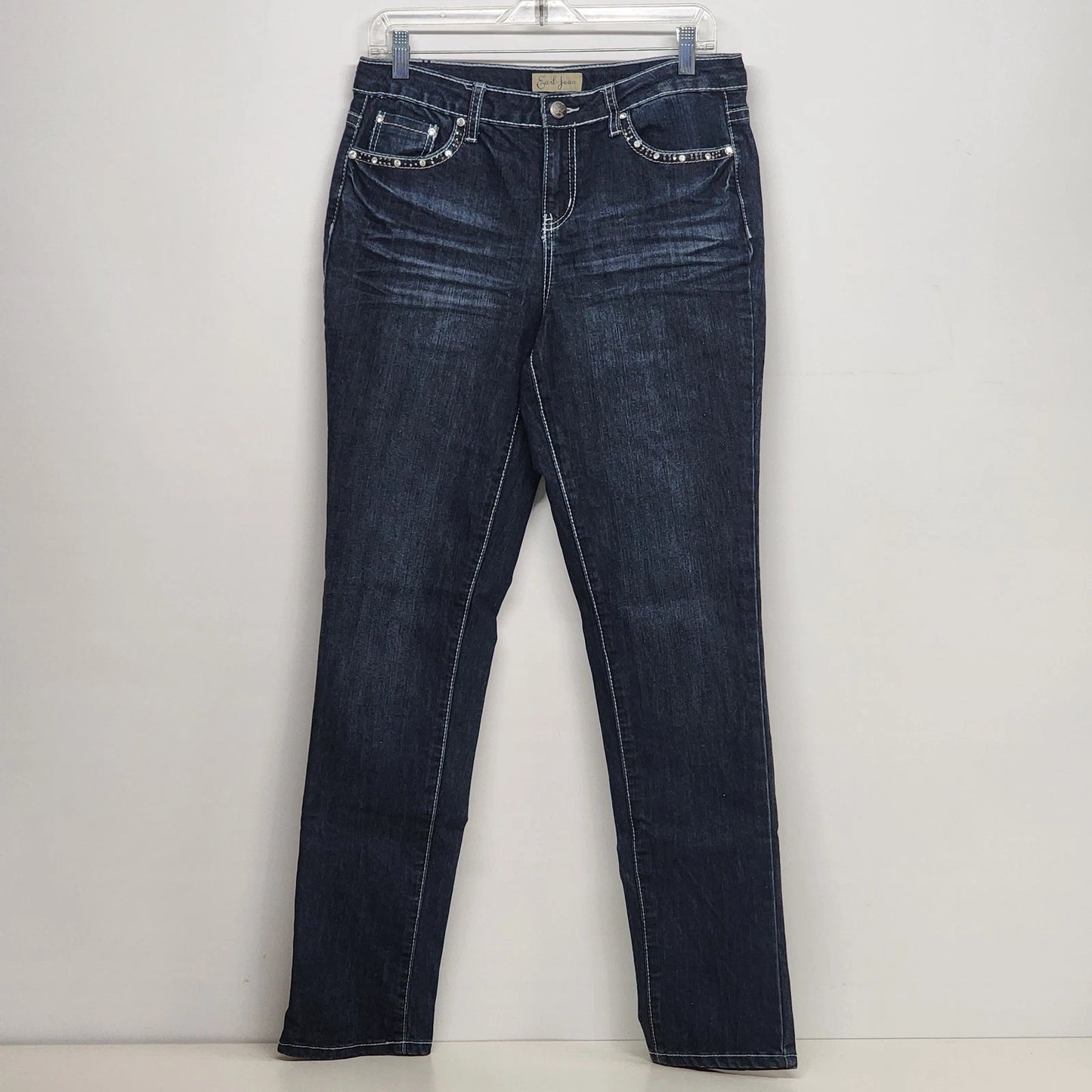 Earl Jean Women's Denim Jeans Dark Blue Bedazzled Rhinestone Pockets Inseam 31"