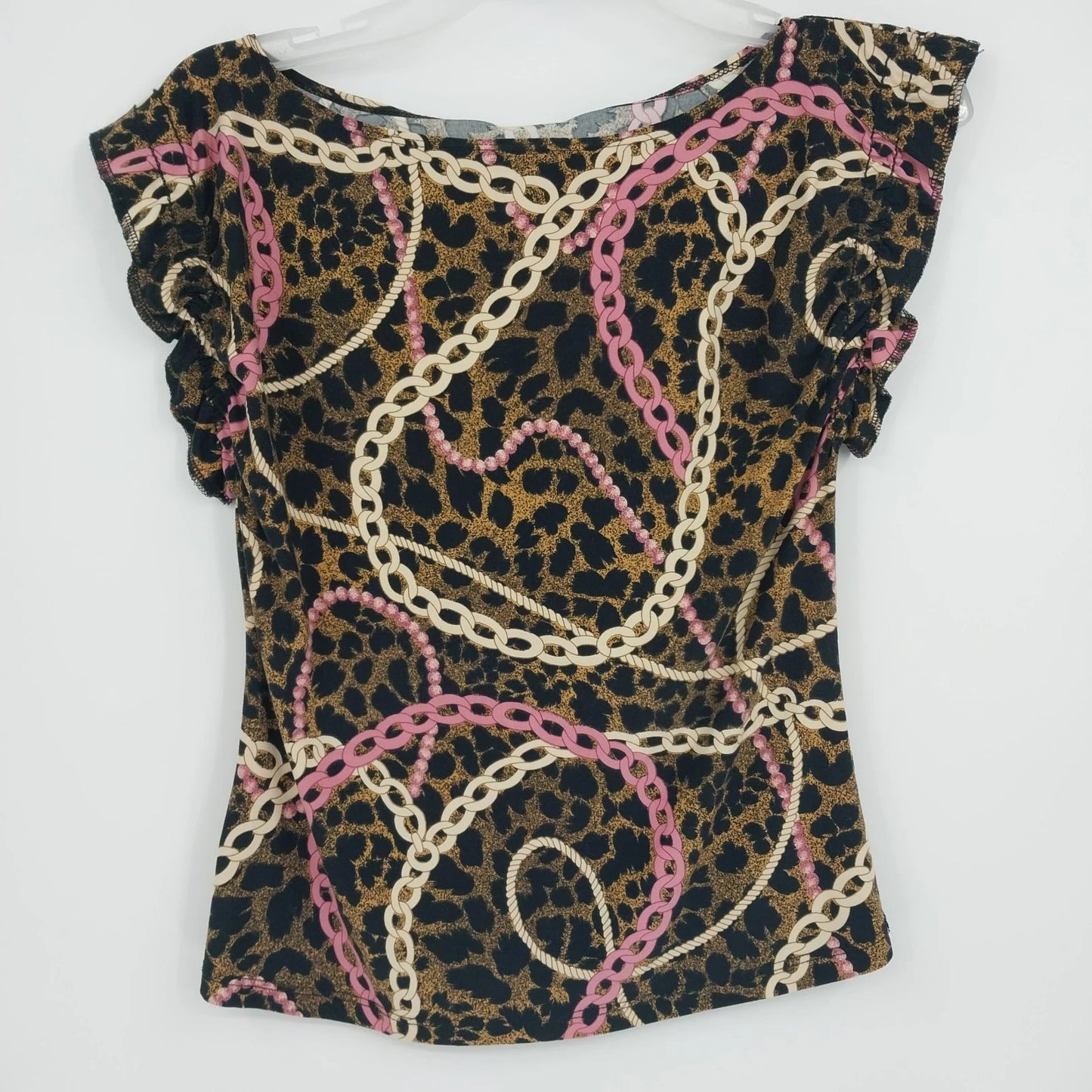 JTB Leopard Chain Print Top Women's Petite Large Ruffle Cap Sleeve Stretch Tee