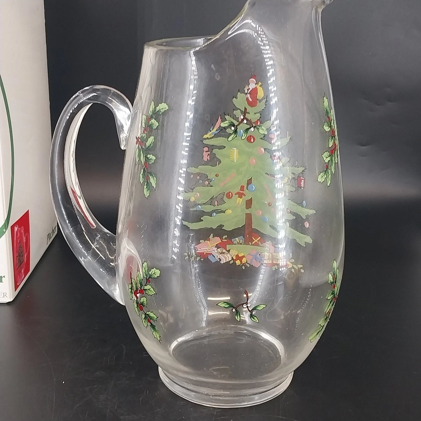 Spode Christmas Tree Santa Holly Clear Glass Ice Lip Pitcher 2½ Qt 10½" Vintage