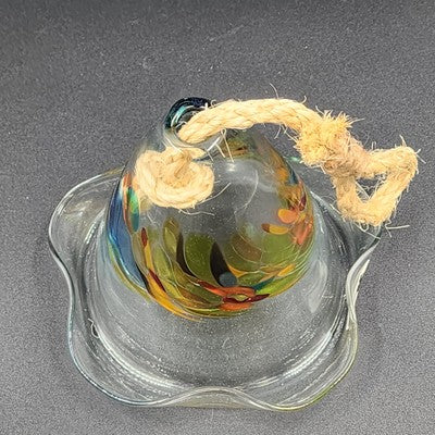 Bell Hummingbird Hand Blown Art Glass Multicolored Swirls Ruffled Edge Rope Hang