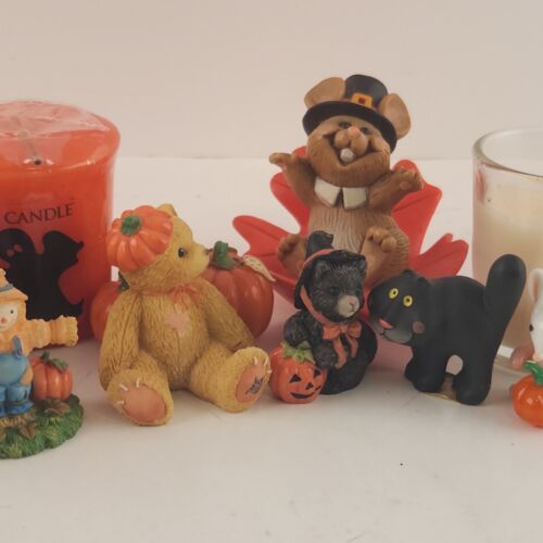 10 Piece Halloween Miniature Figures w 2 Candles Plus Bears Mice Cats Scarecrow