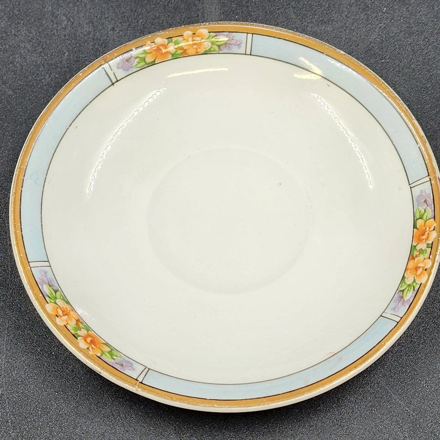 6 Nebraska Blue Flat Cup & Saucers England Blue Rim Flower Accent J & G Meakin