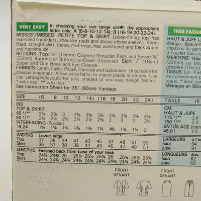 Butterick See & Sew 5548 Vtg Sewing Pattern Uncut 1991 Misses Top Skirt B 16-24