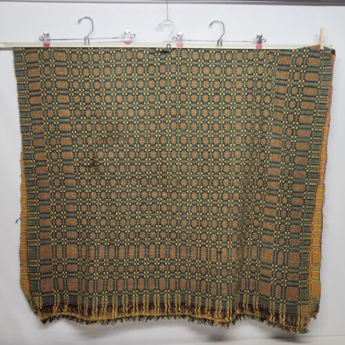 Golden Teal Throw Blanket Table Cloth Vintage Fringe Heavy Fringe 72" x 44"