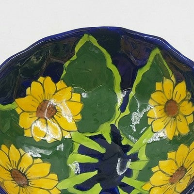 Mexican Folk Art Pottery Serving Bowl 8”x3" Talavera Sunflowers and Leaf Design