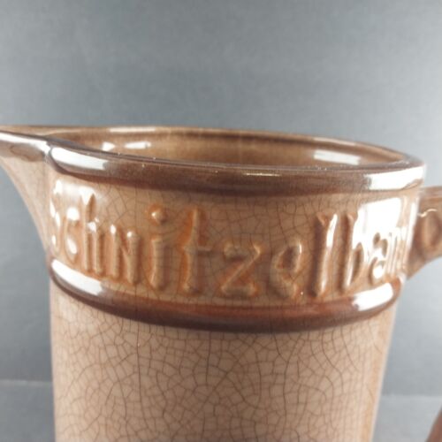 1930's Schnitzelbank German Beer Pitcher 8.5" Brown Crackle Glaze Vtg Spout Chip