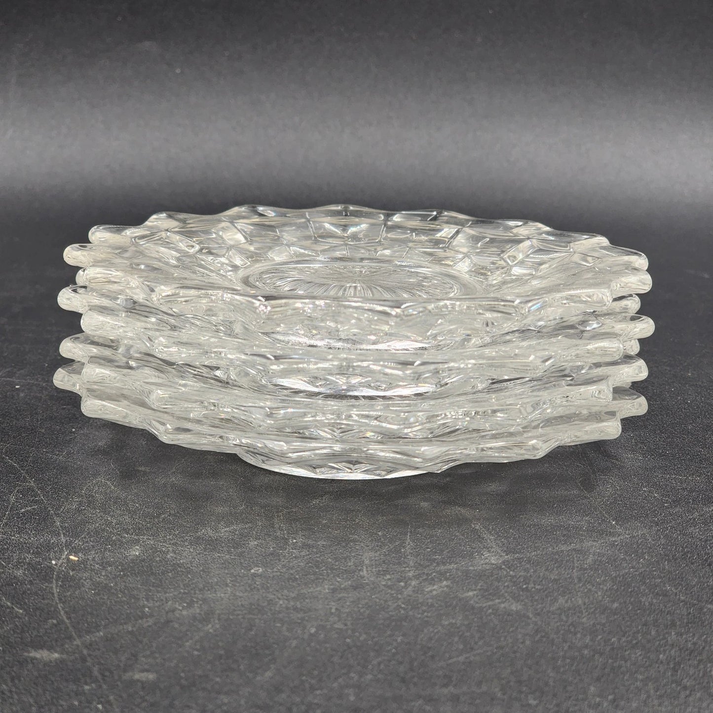 4 Fostoria Bread Butter Plates American Clear 6" Cubist Design Pressed Glass Vtg