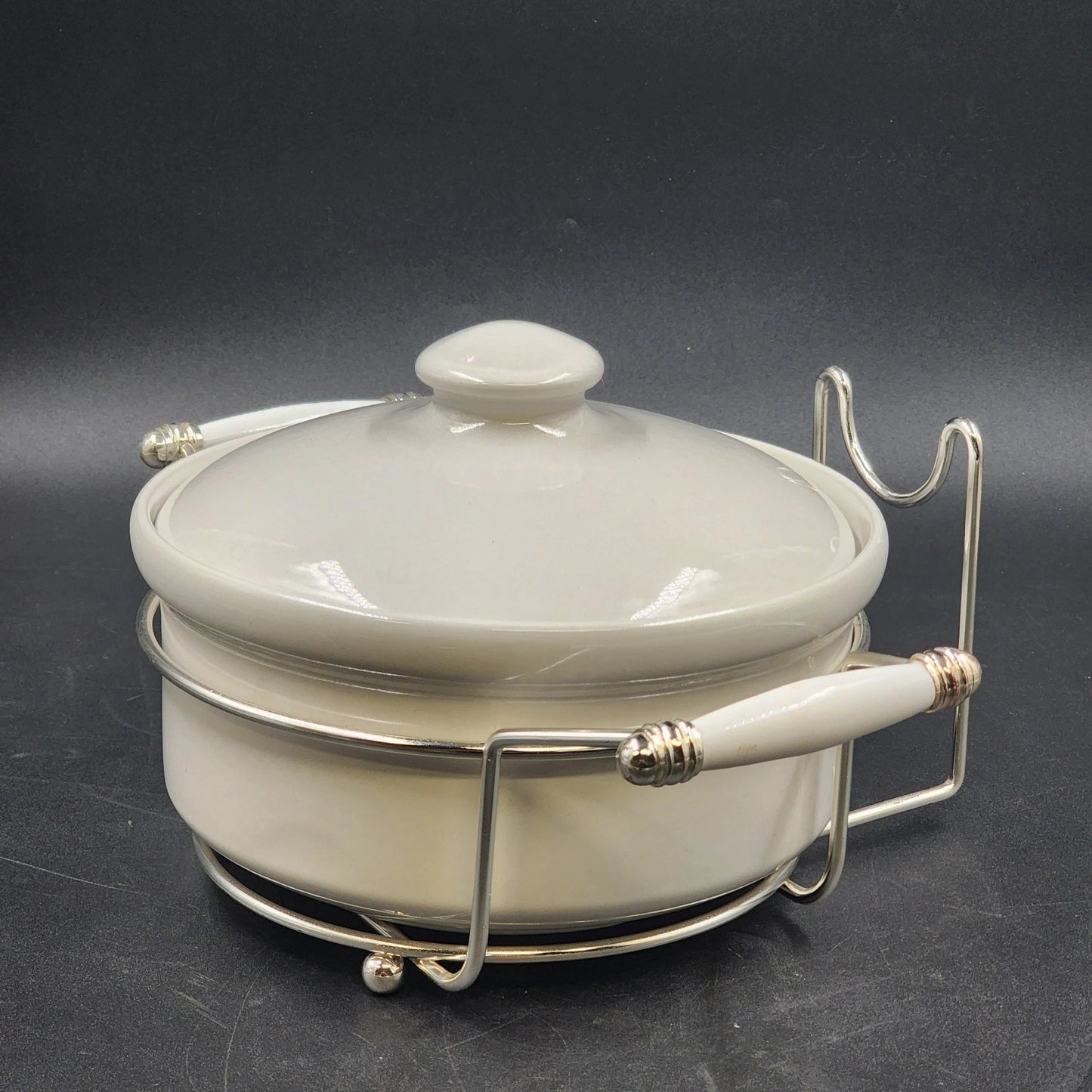 Simpson Ovenstone Casserole Dish with Lid & Silver Plated Serving Caddy 8" Vtg