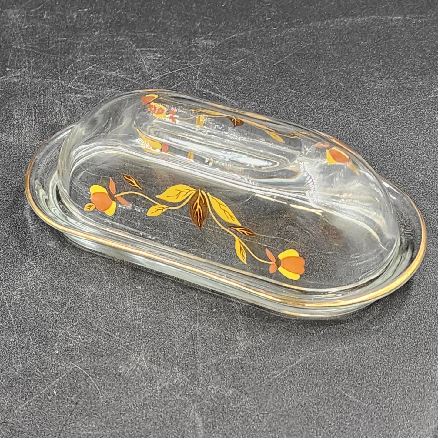 Autumn Leaf Glass Covered Butter Dish 1/4 Lb Hall's Superior Jewel Tea MCM Vtg