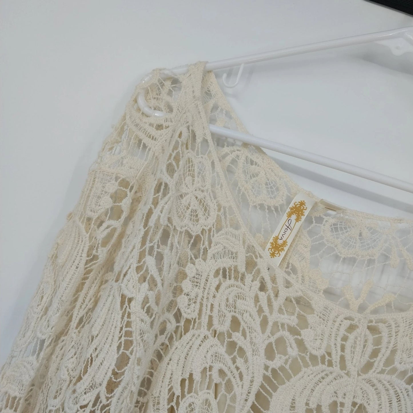 Adiva Cream Crochet Lace Boho Top Women's XL Long Sleeve Sheer Cotton Overlay