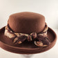 Arlin Brown 100% Wool Hat Church Derby with Leaf Print Scarf Hatband Vintage