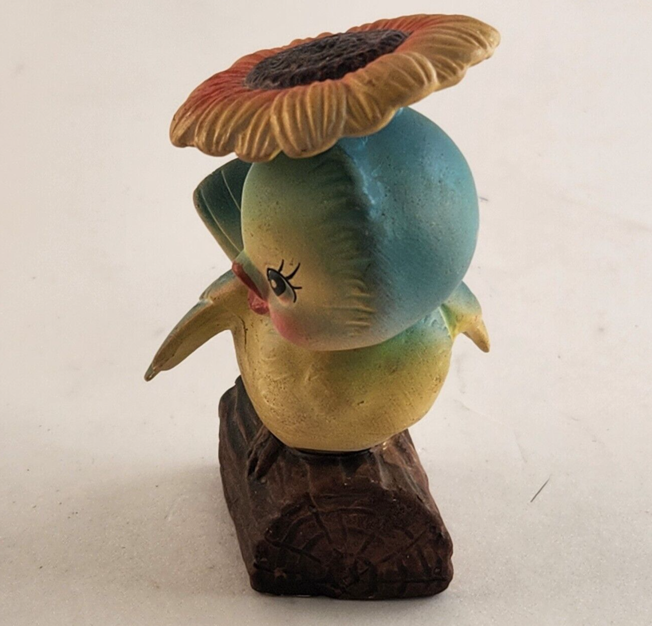 Inarco Bird on Log Figurine Japan Blue Yellow Porcelain Flower Hat 4¼" # E-1677