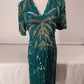 Carina Silk Sequined Top Teal Evening Dress Size L Zipper Hook/Loop Back AS IS