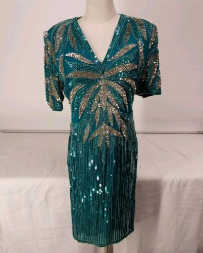 Carina Silk Sequined Top Teal Evening Dress Size L Zipper Hook/Loop Back AS IS