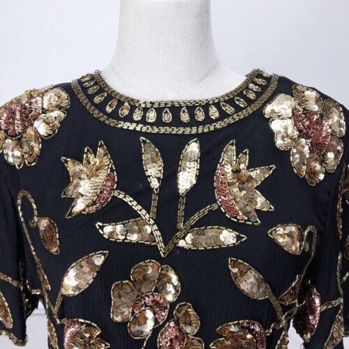 Steney Silk Top Gold Sequin Floral Leaf Short Sleeve Zipper Closure Sz L AS IS