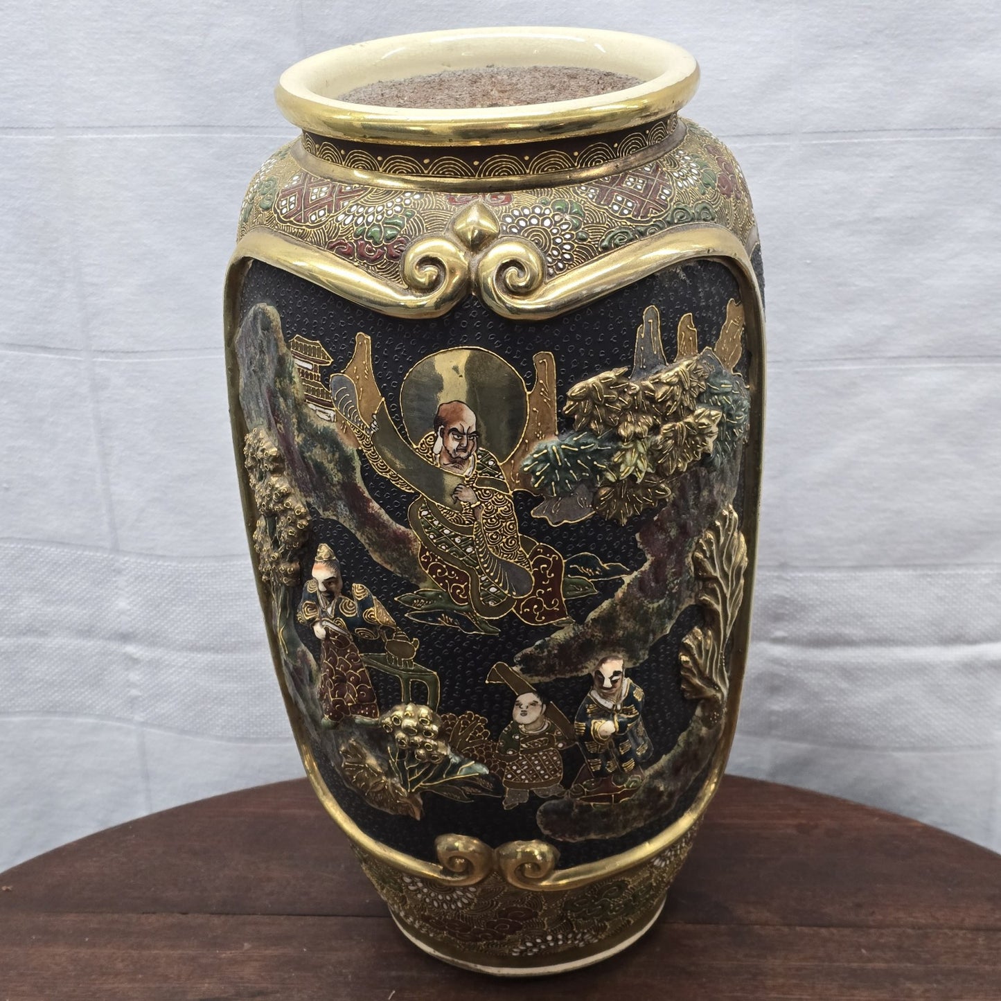 Antique Japanese Moriage Satsuma Vase Lamp Base Gold Gilt Raised High Relief 14"