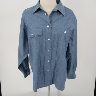 Lizsport Denim Shirt L Pearl Snap Long Sleeve 100% Cotton Blue