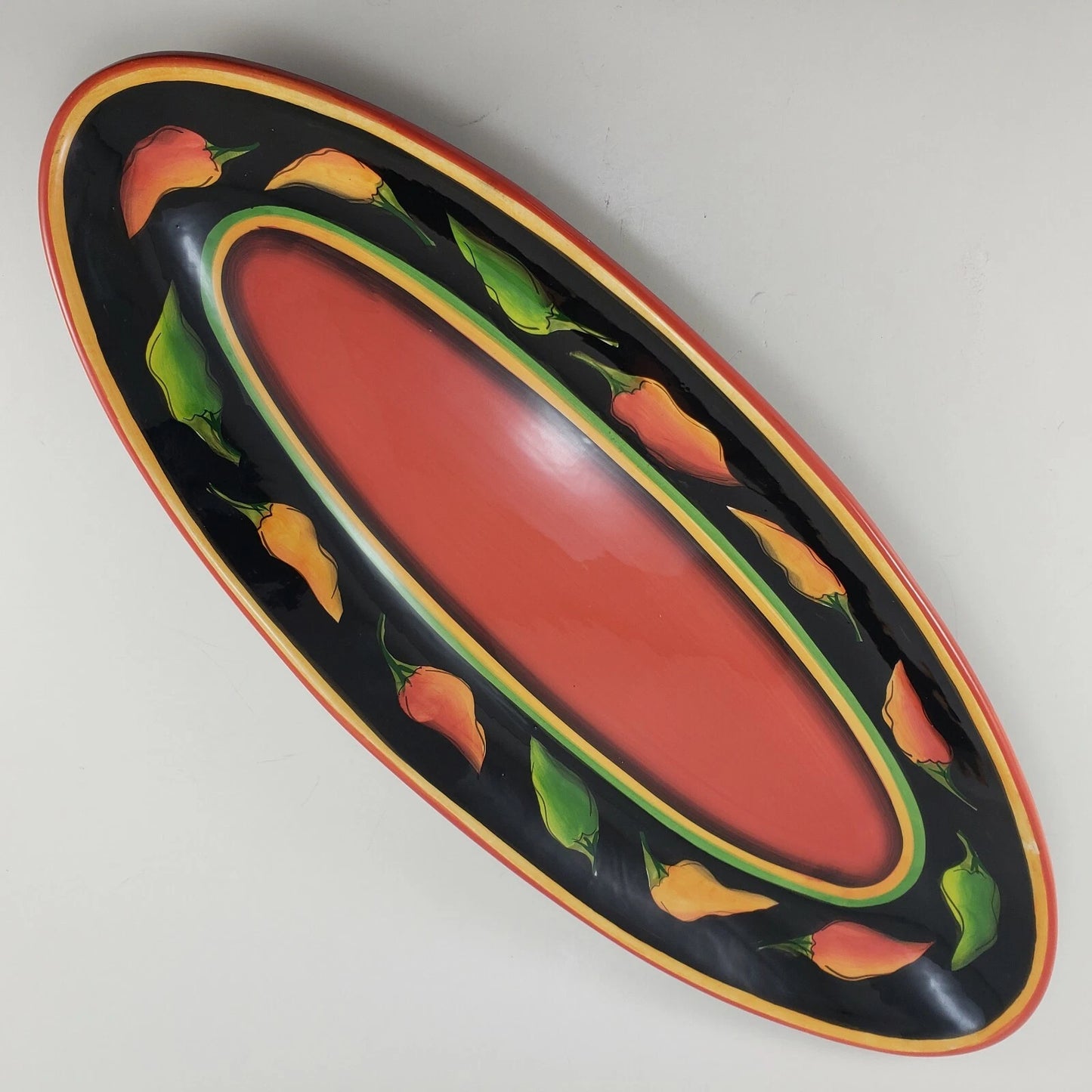 Clay Art StoneLite Jalapeño Oval Serving Platter Hand Painted Chili Peppers 19"