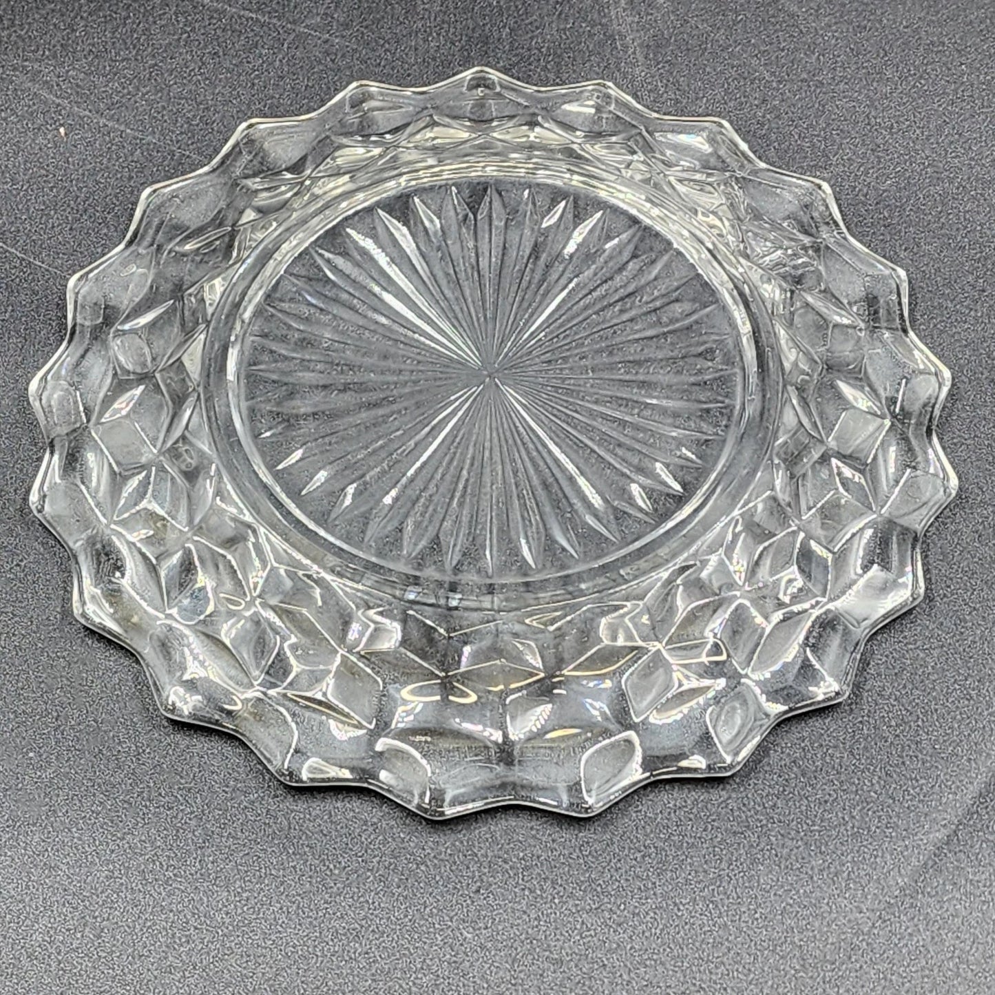 2 Fostoria American Clear Dinner Plates 9.5" Cubist Design Pressed Glass Vintage