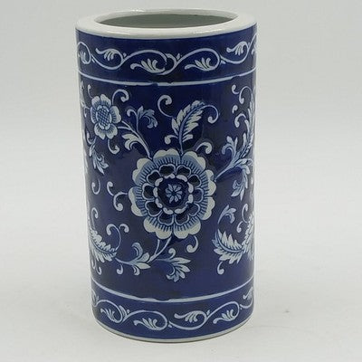 Pier 1 Import Porcelain Mandarin Cobalt Blue White Floral Utensil Holder Vase 8"